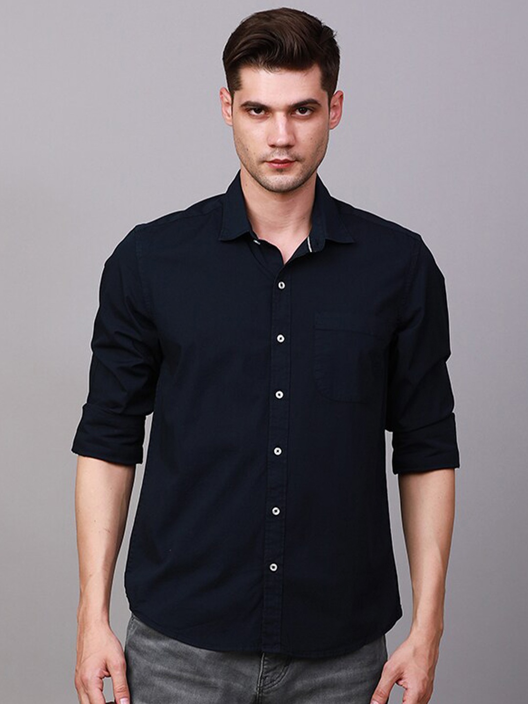 

FOGA Spread Collar Pure Cotton Casual Shirt, Navy blue