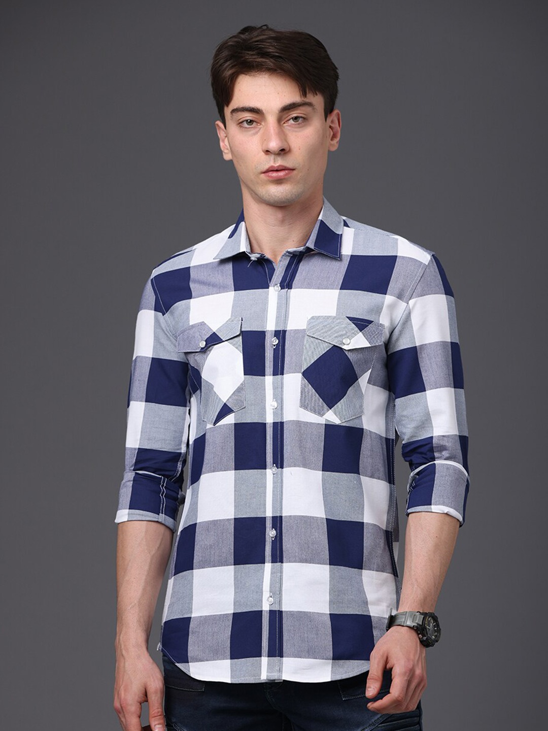 

FOGA Spread Collar Tartan Checks Pure Cotton Shirt, Navy blue