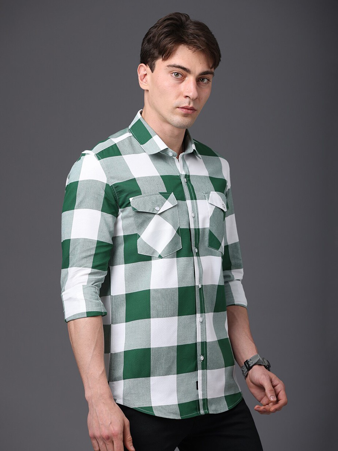 

FOGA New Buffalo Checked Pure Cotton Casual Shirt, Green