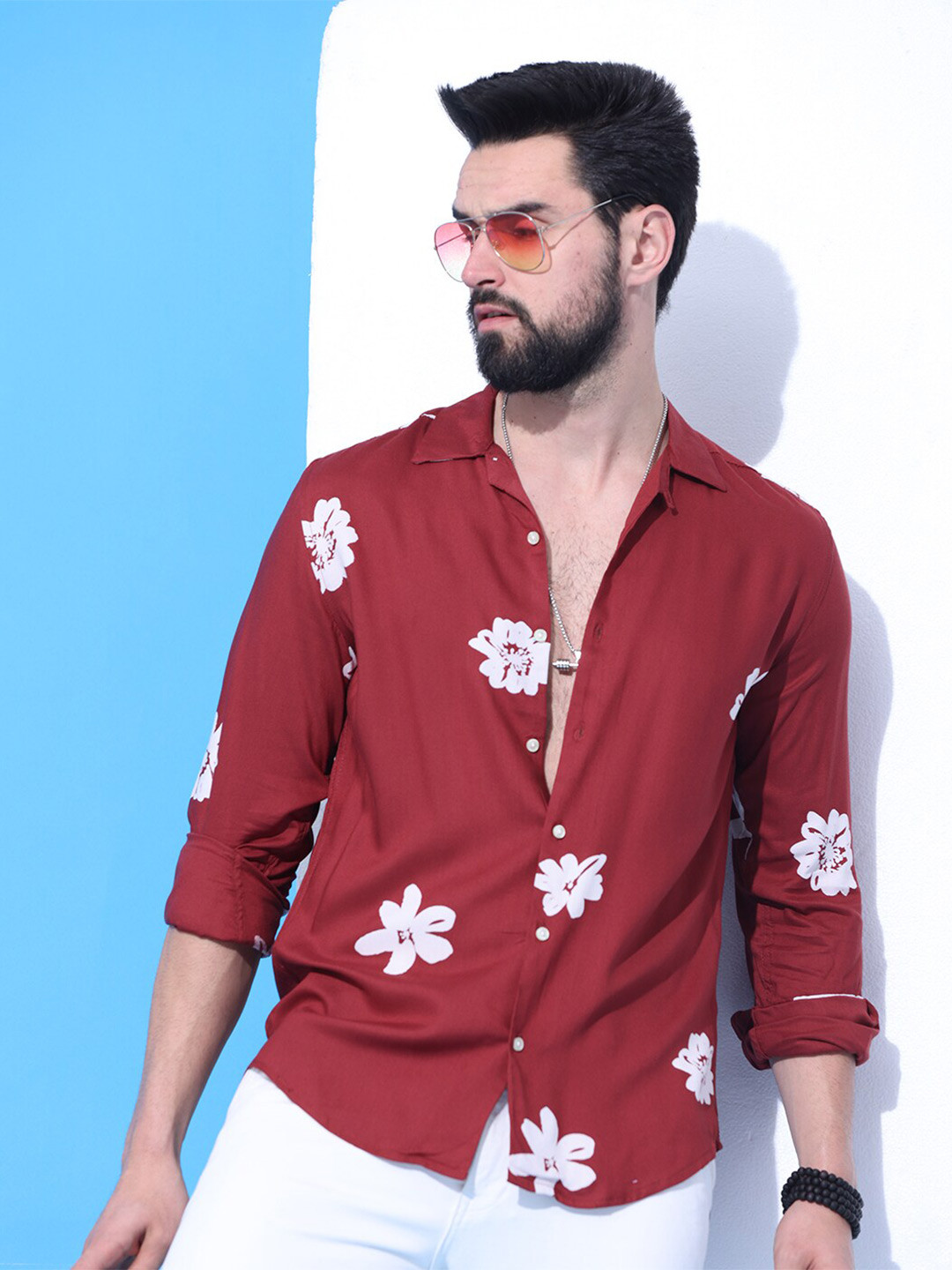 

FOGA Spread Collar Floral Printed Rayon Shirt, Maroon