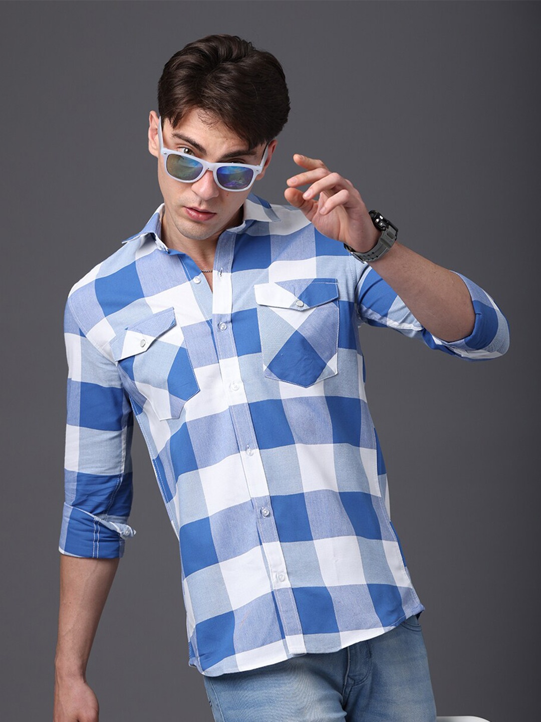 

FOGA New Buffalo Checked Pure Cotton Casual Shirt, Blue