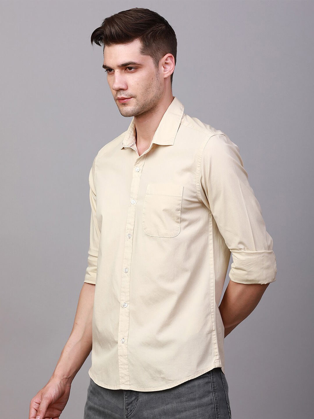 

FOGA New Spread Collar Pure Cotton Casual Shirt, Beige