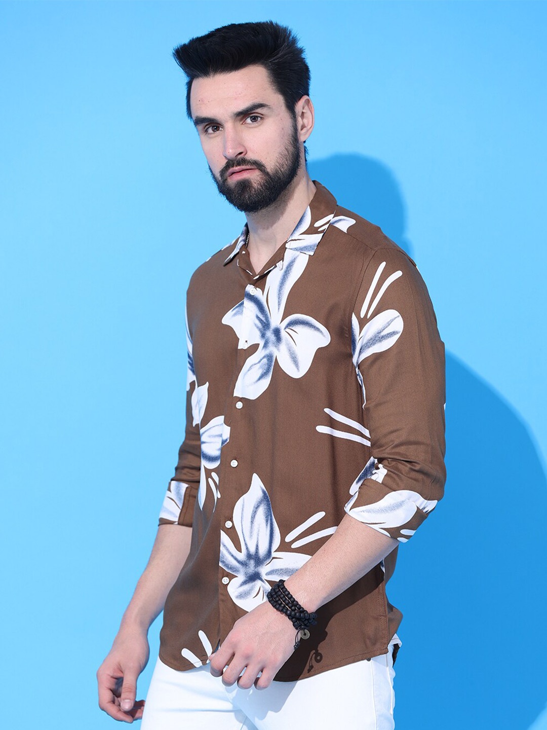 

FOGA New Floral Printed Cotton Casual Shirt, Brown