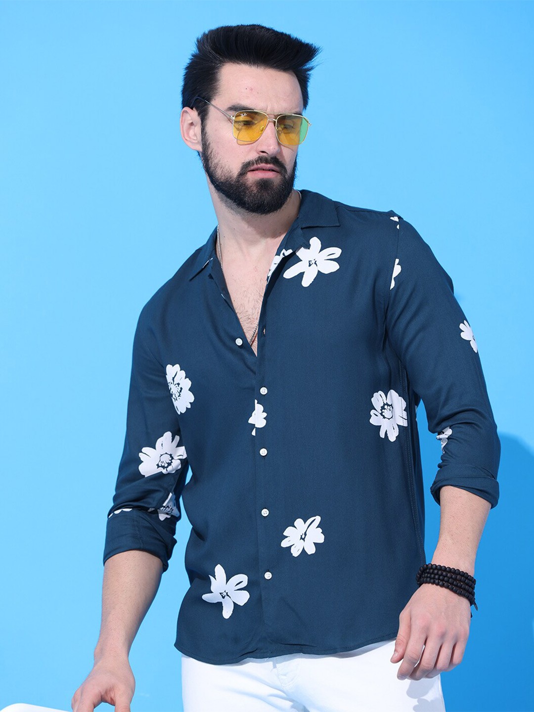 

FOGA New Floral Printed Cotton Casual Shirt, Navy blue