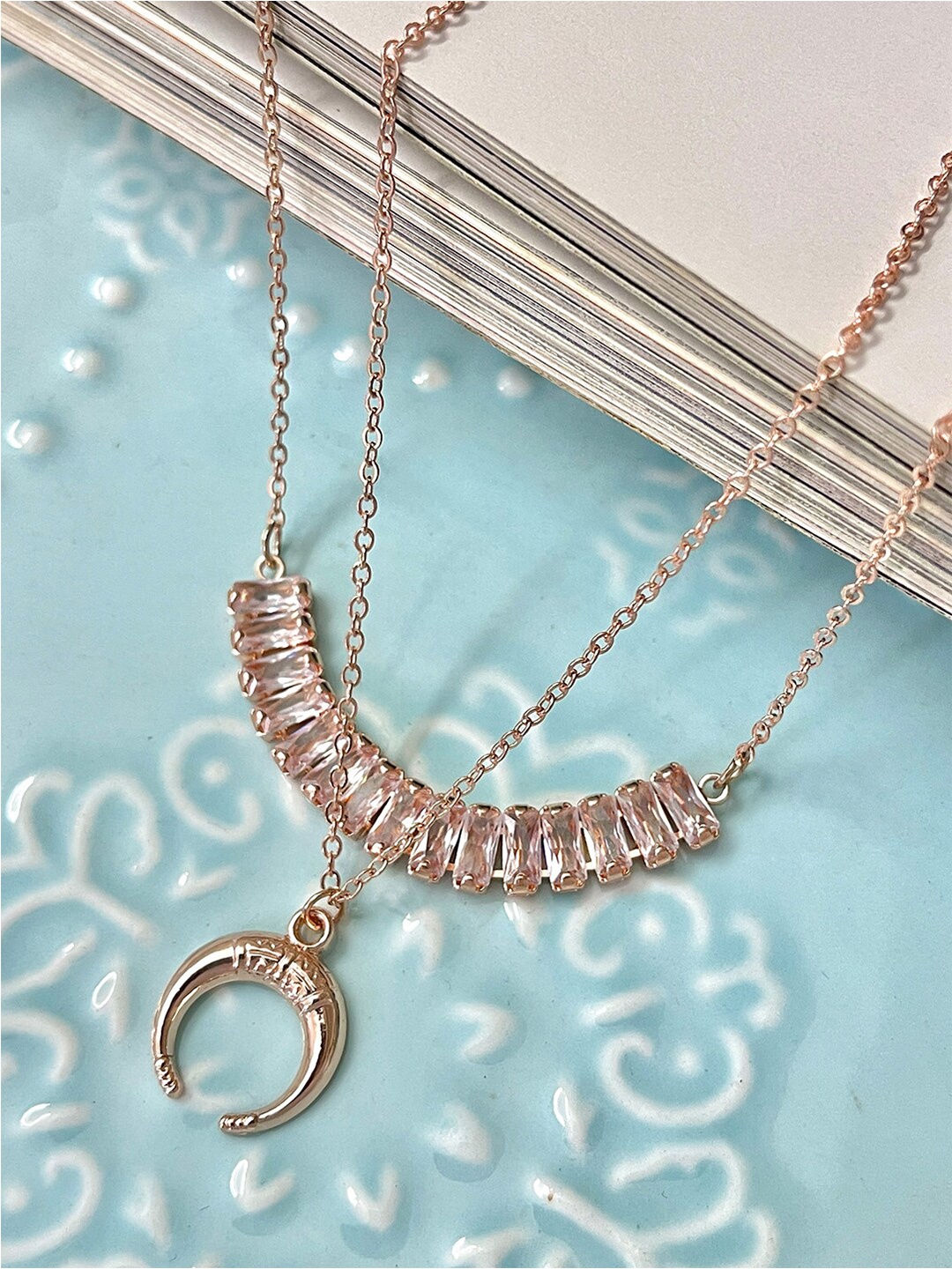 

Ayesha Rhinestone Studded & Metallic Moon Pendants Rose Gold-Plated Layered Necklace, White