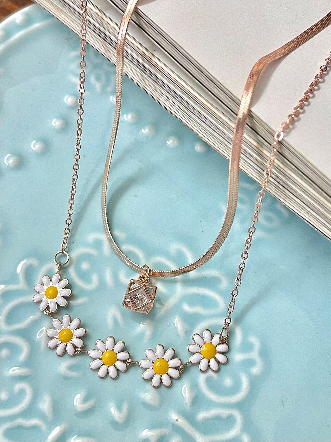 

Ayesha Rose Gold-Plated Flower Charm Studded Layered Necklace