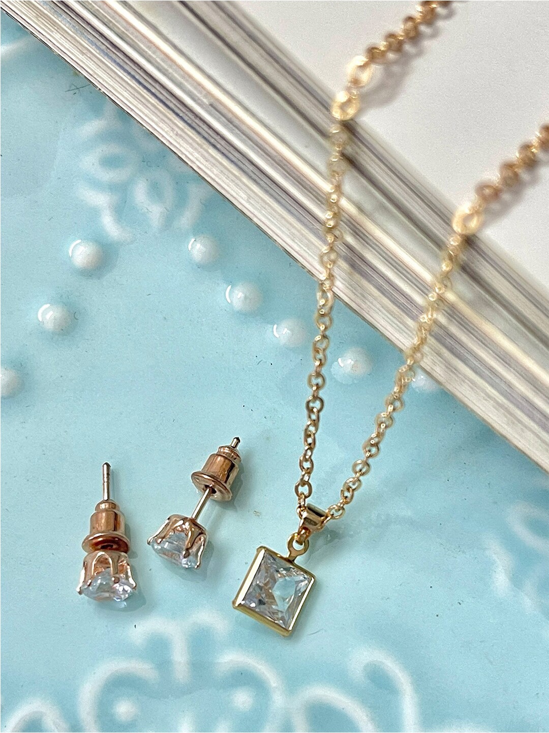 

Ayesha Gold-Plated Chain With Diamante Mini Pendant & Stud Earrings, White