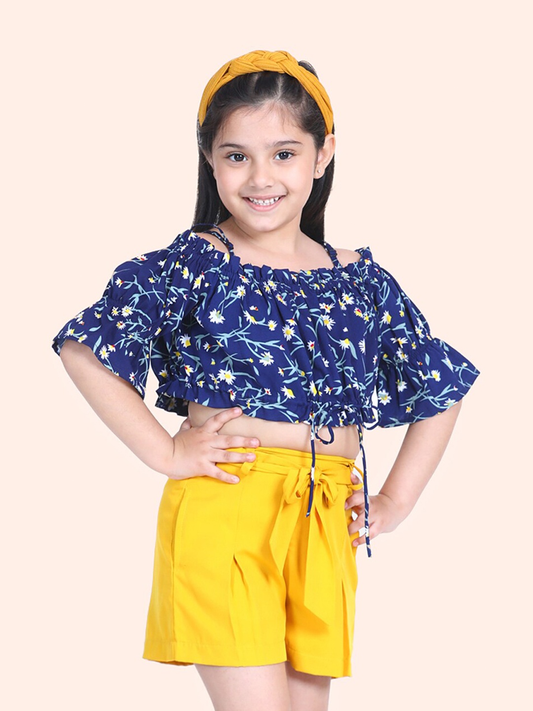 

Naughty Ninos Girls Printed Off-Shoulder Top with Shorts, Navy blue