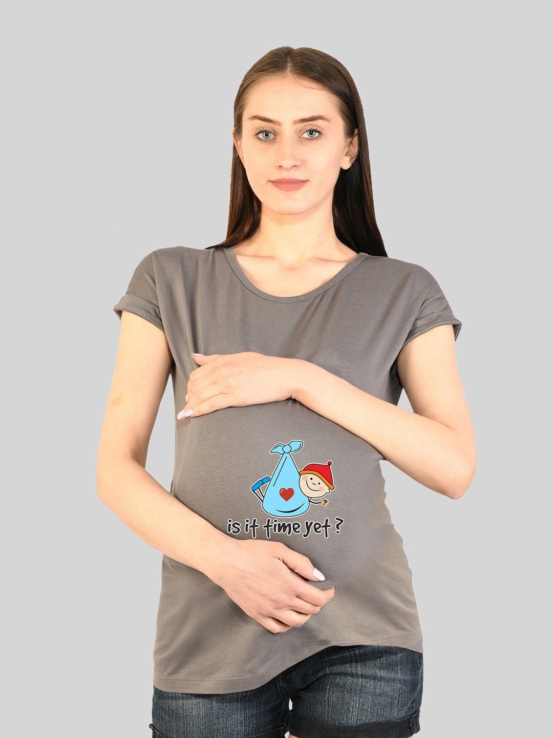 

SillyBoom Round Neck Graphic Printed Maternity Cotton T-shirt, Grey