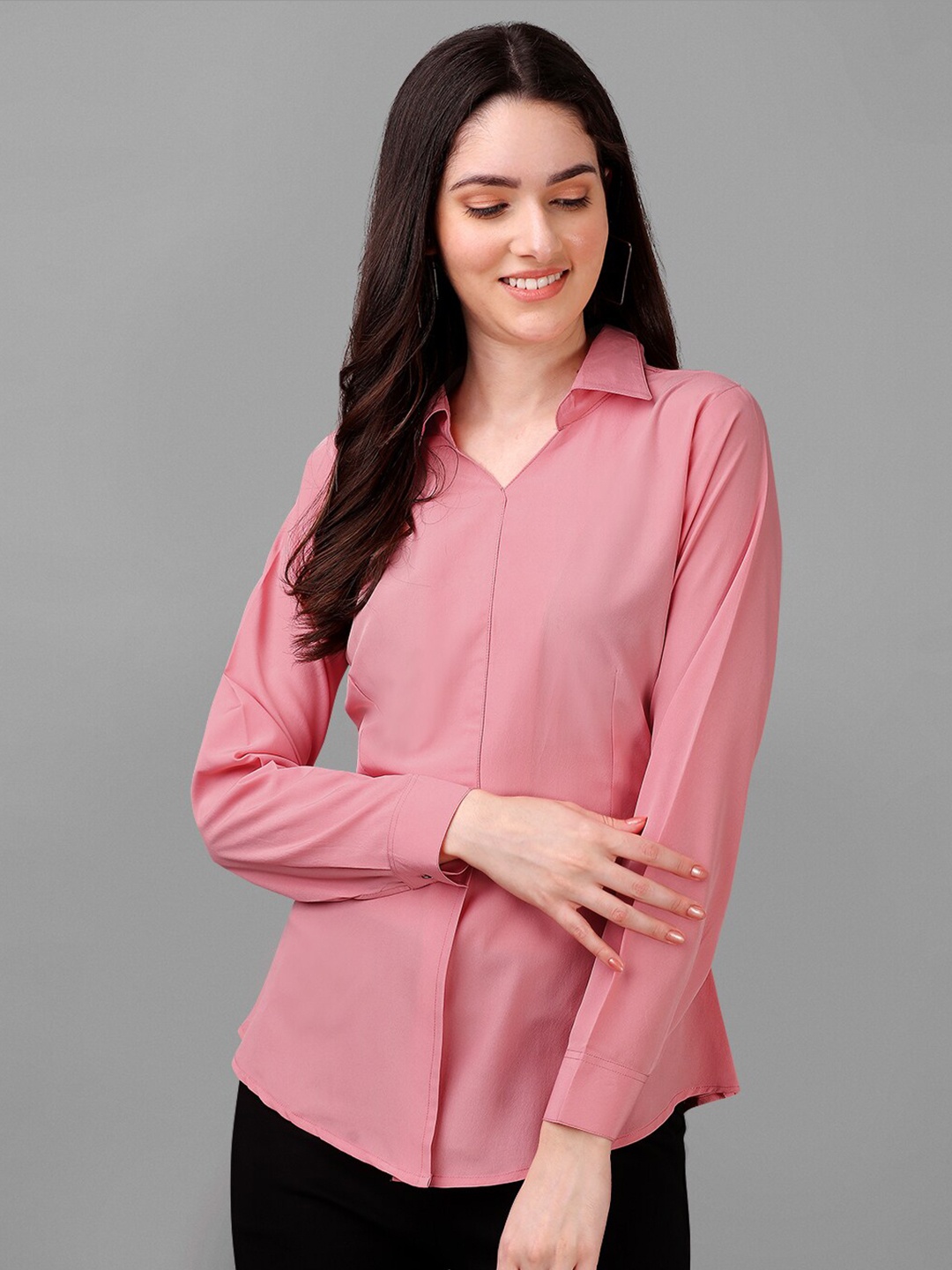 

Kinjo Shirt Collar Long Sleeves Slit Detail Crepe Shirt Style Top, Pink
