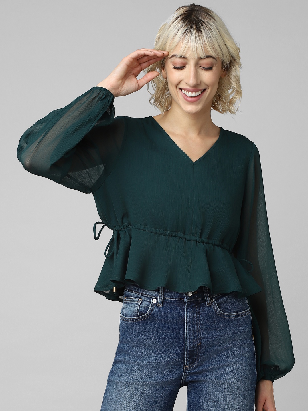 

ONLY Puff Sleeves V-Neck Peplum Top, Green