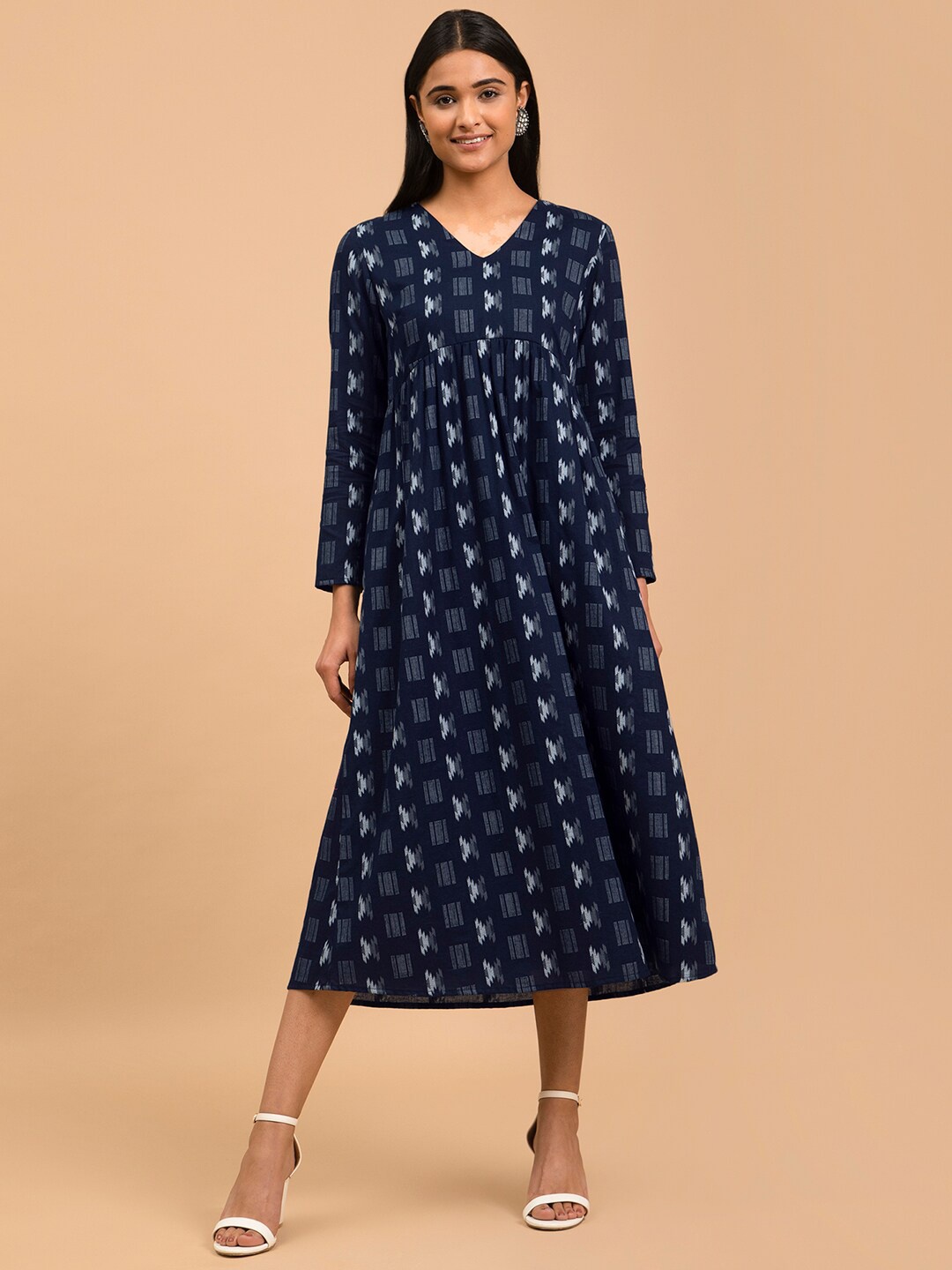 

Pink Fort Printed Cotton A-line Midi Dress, Navy blue