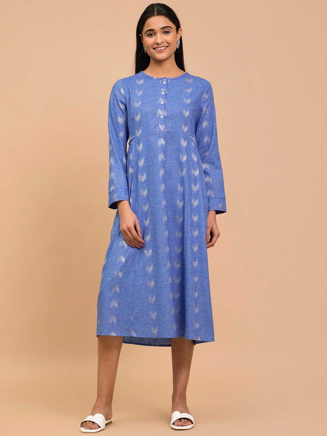 

Pink Fort Printed Pure Cotton Long Sleeves Midi A-Line Ethnic Dress, Blue