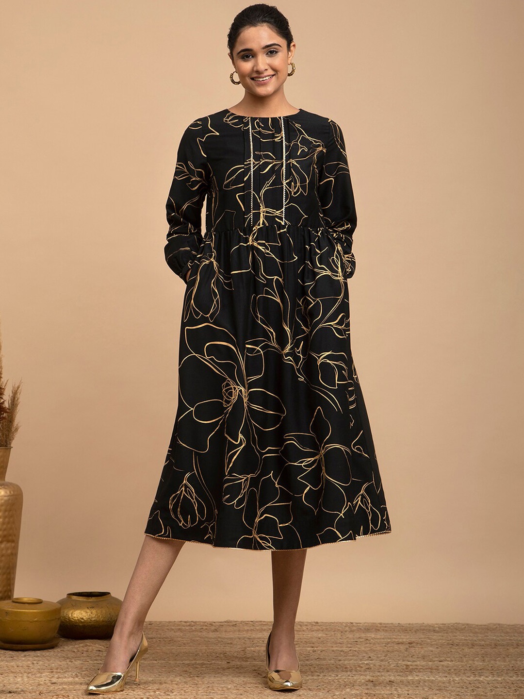 

Pink Fort Floral Printed Silk A-Line Ethnic Dresses, Black
