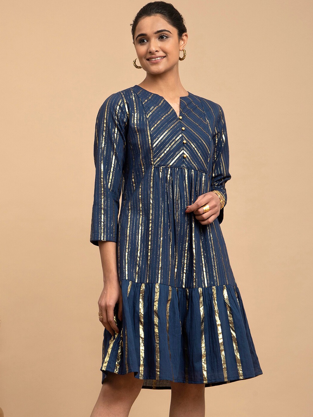 

Pink Fort Striped Cotton Notched Neck A-Line Ethnic Dress, Navy blue
