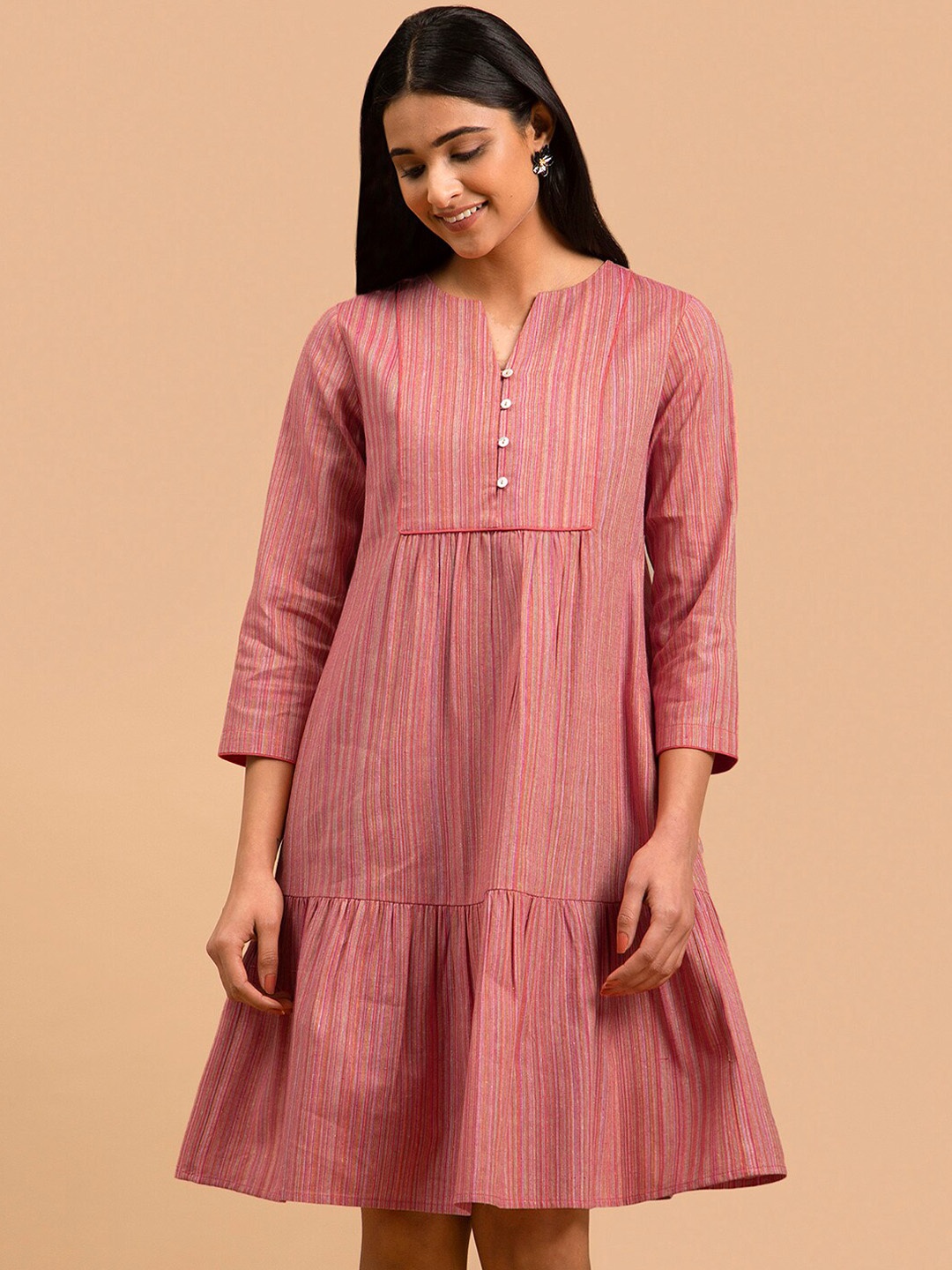 

Pink Fort Striped Cotton A-line Knee Length Dress