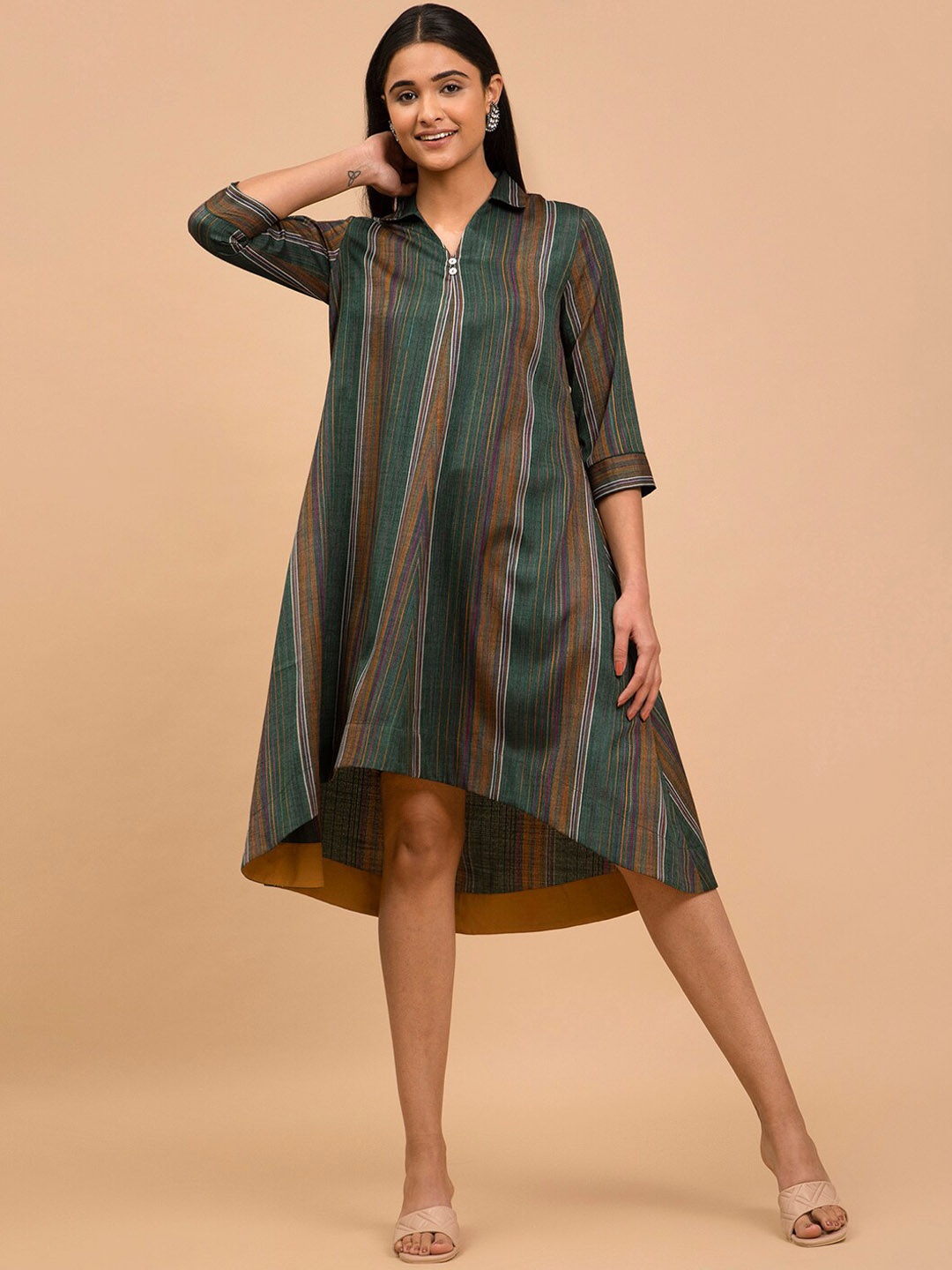 

Pink Fort Striped Cotton Shirt Collar A-Line Ethnic Dresses, Green