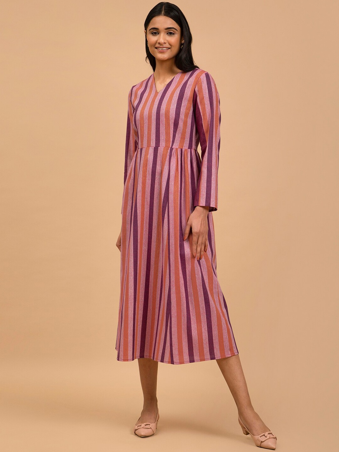 

Pink Fort Striped Cotton V-Neck Long Sleeves Midi A-Line Ethnic Dress