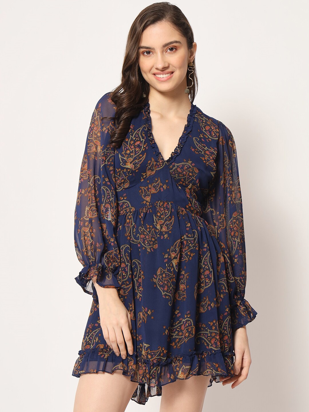 

HERE&NOW Floral Printed V-Neck Fit & Flare Mini Dress, Blue