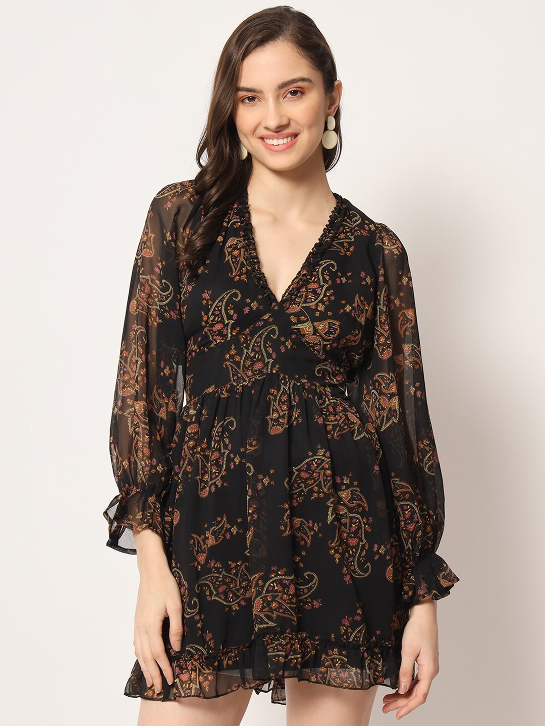 

HERE&NOW Floral Printed V-Neck Fit & Flare Mini Dress, Black