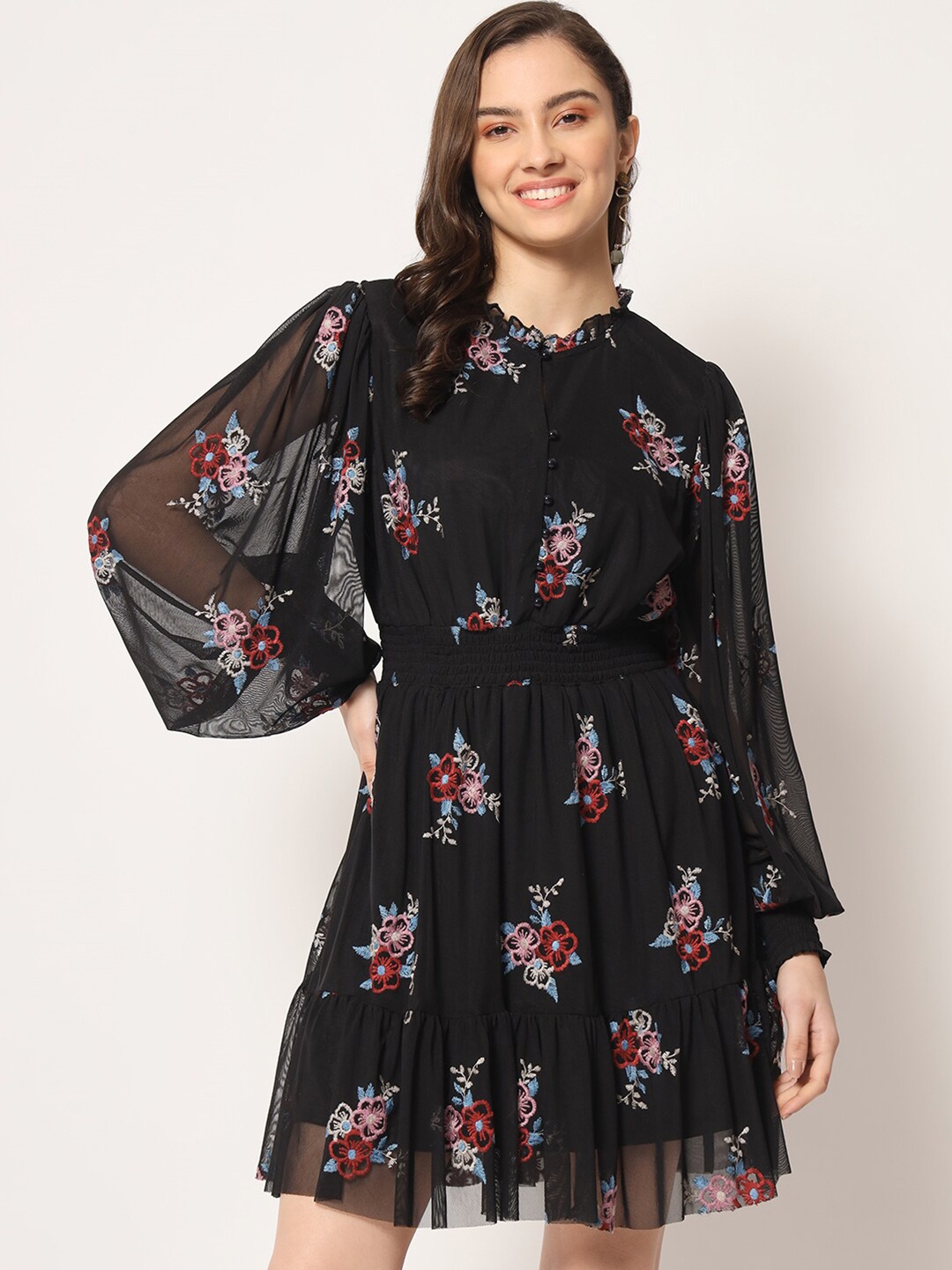 

HERE&NOW Floral Printed Bishop Sleeves Fit & Flare Dress, Black