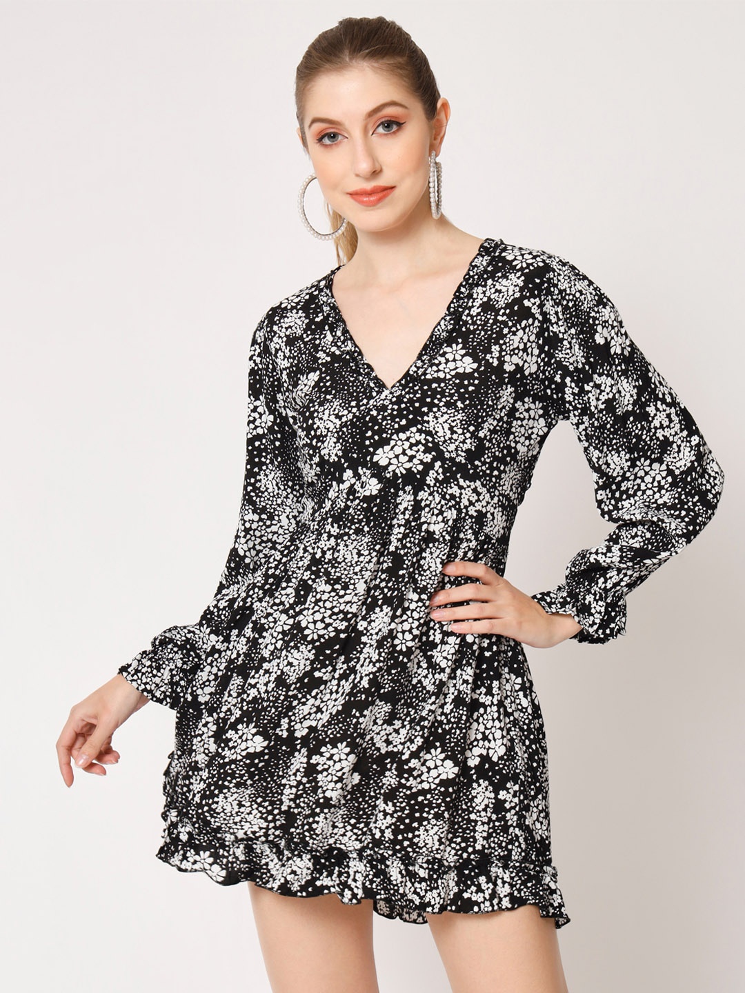 

HERE&NOW Floral Printed Fit & Flare Mini Dress, Black