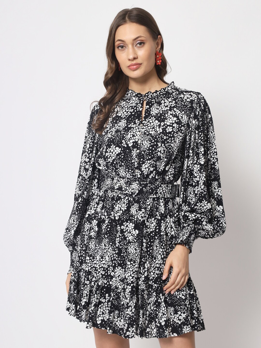 

HERE&NOW Floral Printed Bishop Sleeves Fit & Flare Dress, Black