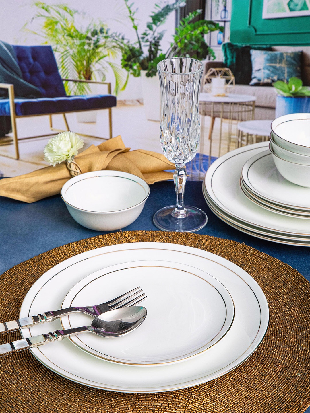 

SONAKI White & Gold-Toned 12 Pieces Bone China Glossy Dinner Set