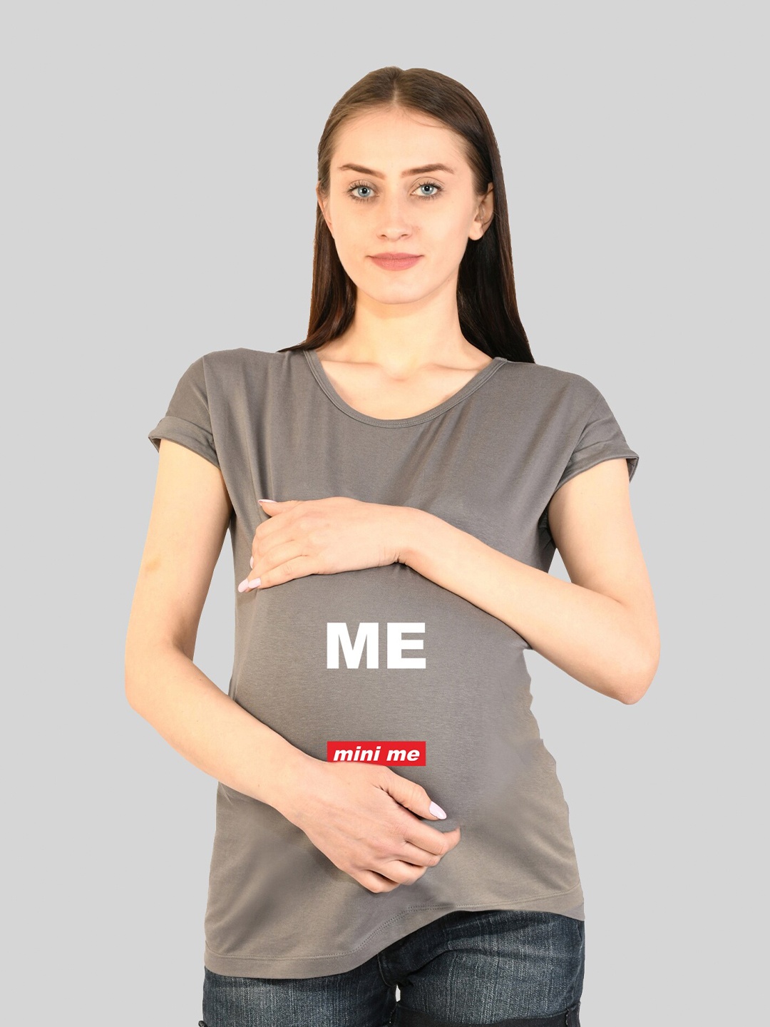 

SillyBoom Round Neck Graphic Typography Printed Maternity Cotton T-shirt, Grey
