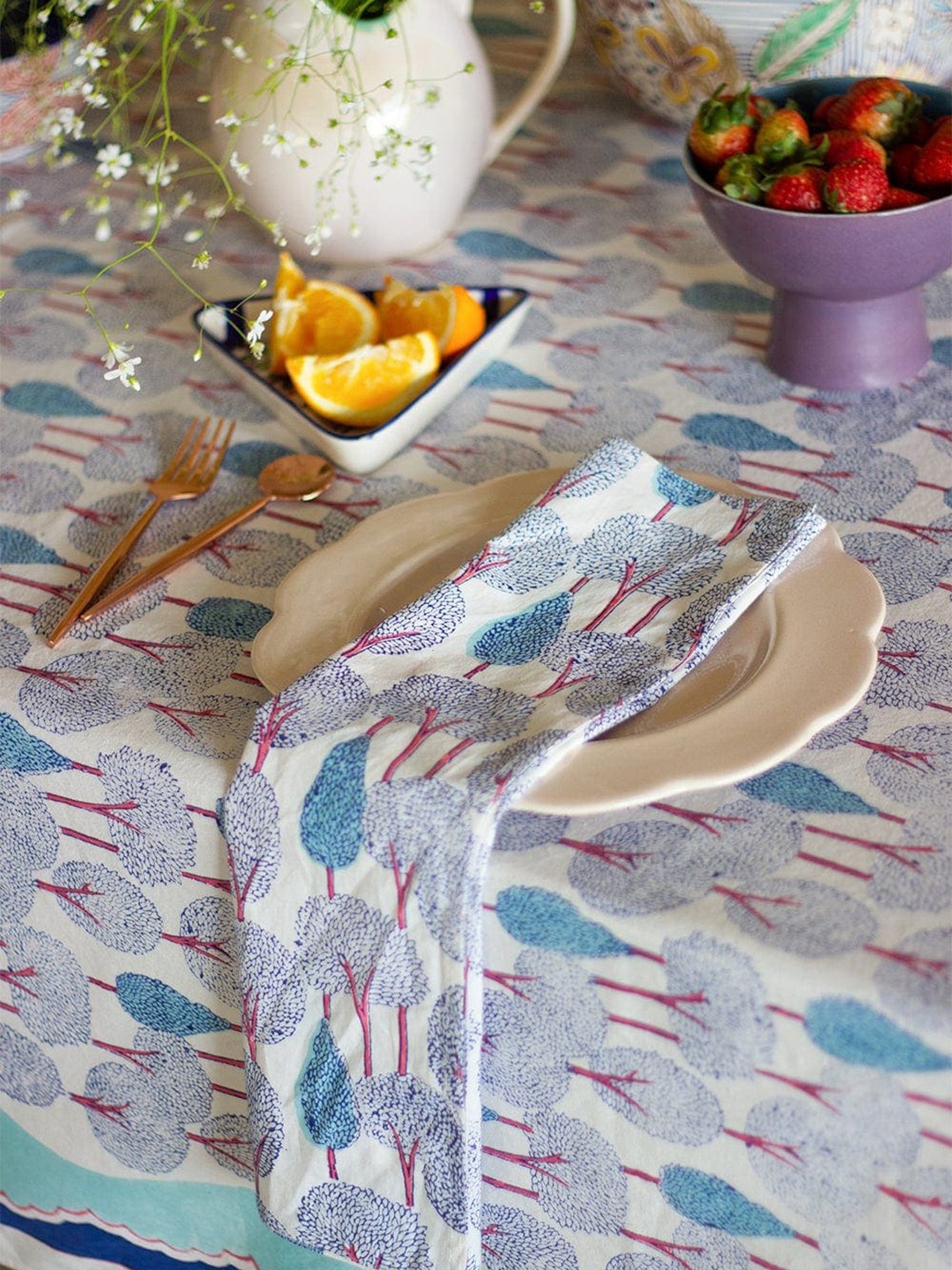 

The Wishing Chair Blue 6 Pieces Topiary Garden Block Printed Cotton Table Napkins