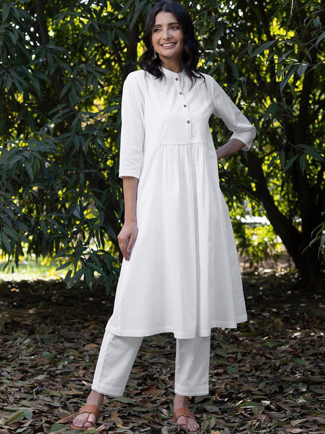 

Pink Fort Panelled Anarkali Band Collar Pure Cotton Kurta with Trousers, White