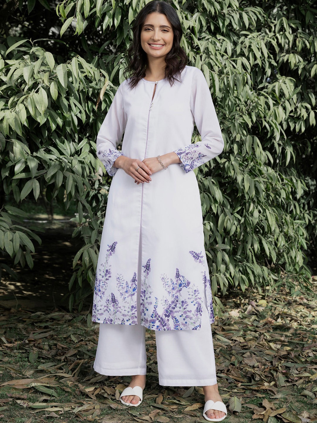 

Pink Fort Floral Printed A-Line Kurta With Palazzos, White