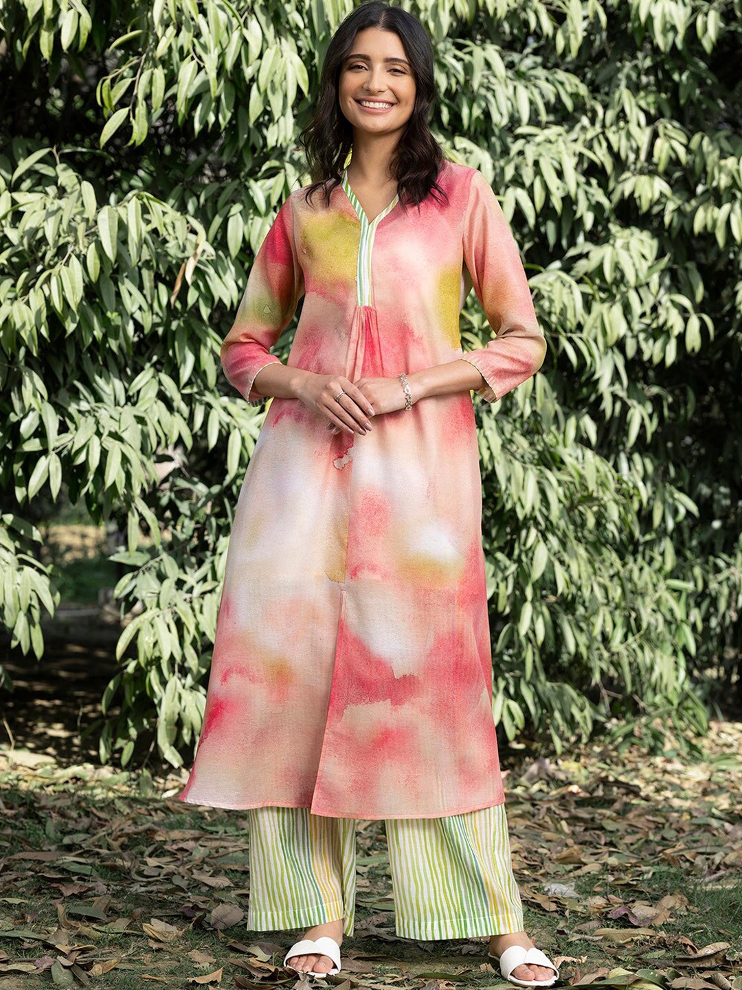 

Pink Fort Dyed V Neck A-Line Kurta With Trousers
