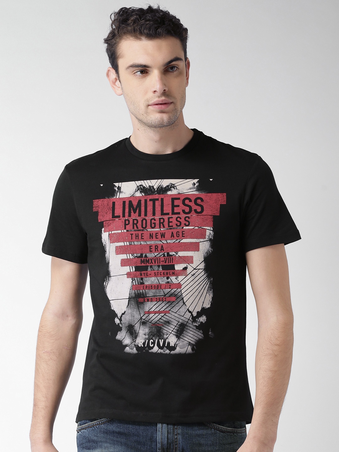 

Celio Men Black Printed Round Neck Pure Cotton T-shirt