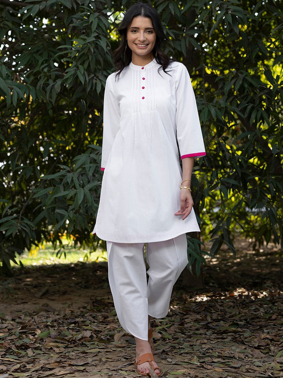 

Pink Fort Band Collar Pure Cotton Kurta With Dhoti Pants, White