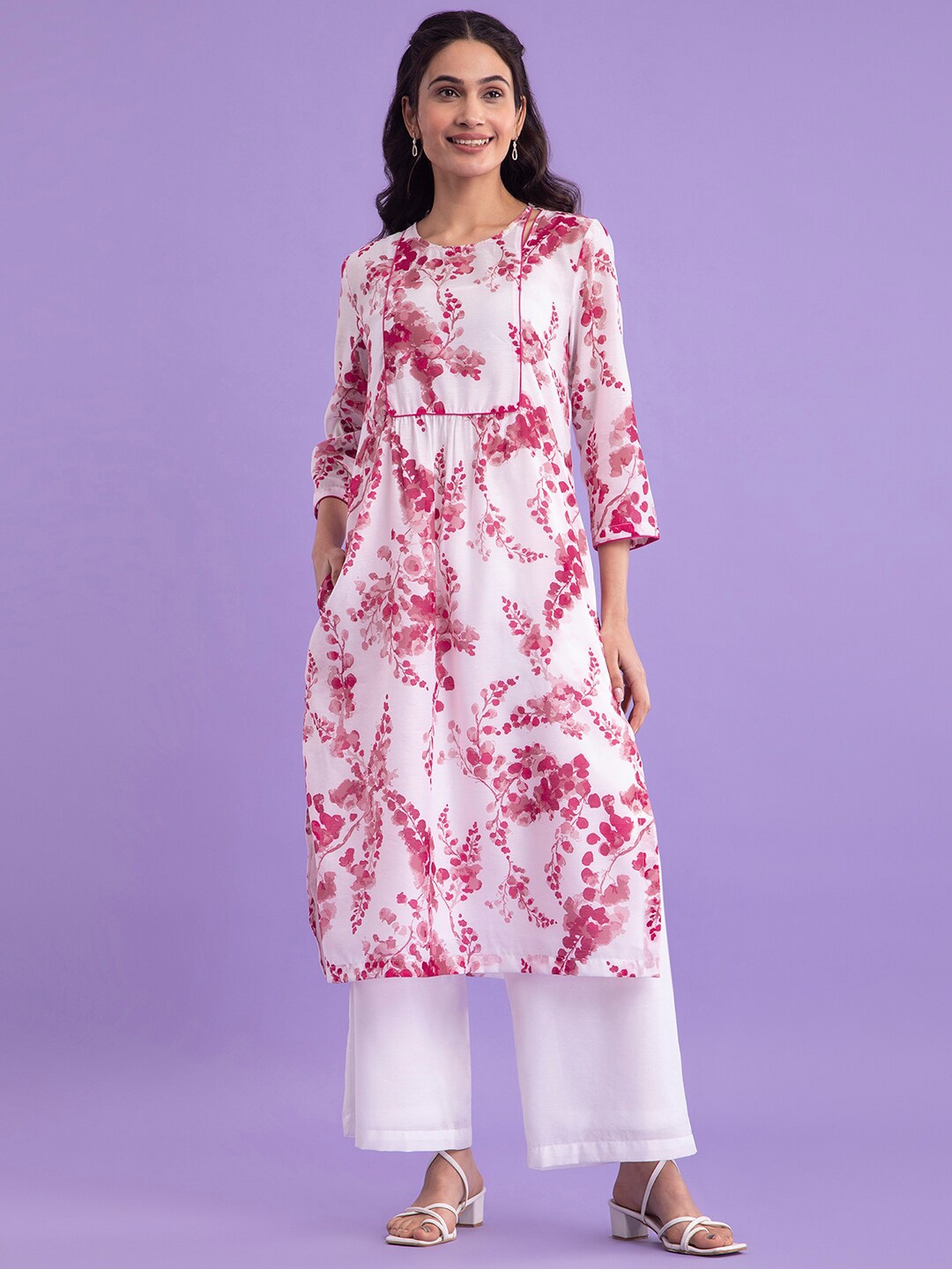 

Pink Fort Floral Printed Pleated A-Line Kurta With Palazzos, White
