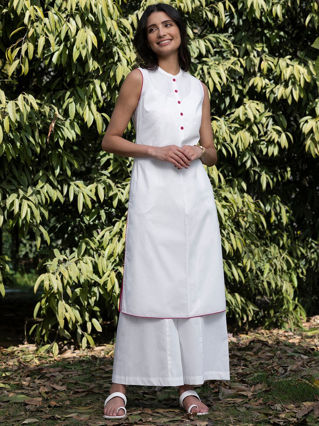 

Pink Fort Band Collar Sleeveless Pure Cotton Kurta With Palazzos, White