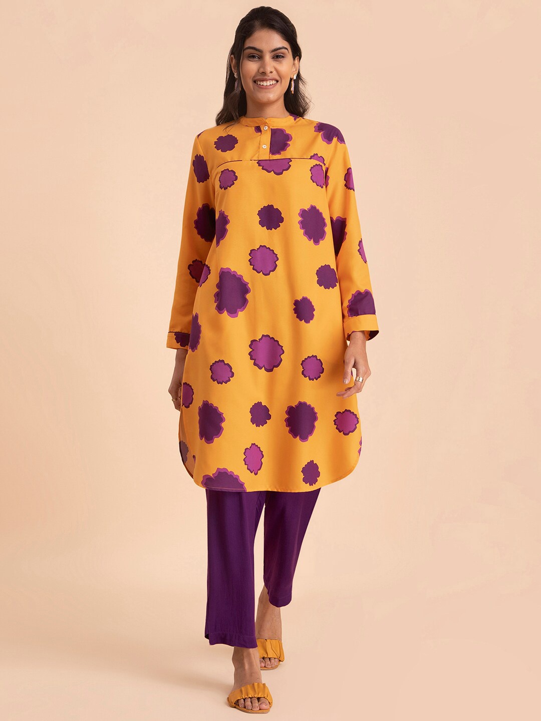 

Pink Fort Floral Printed A-Line Kurta With Trousers, Yellow