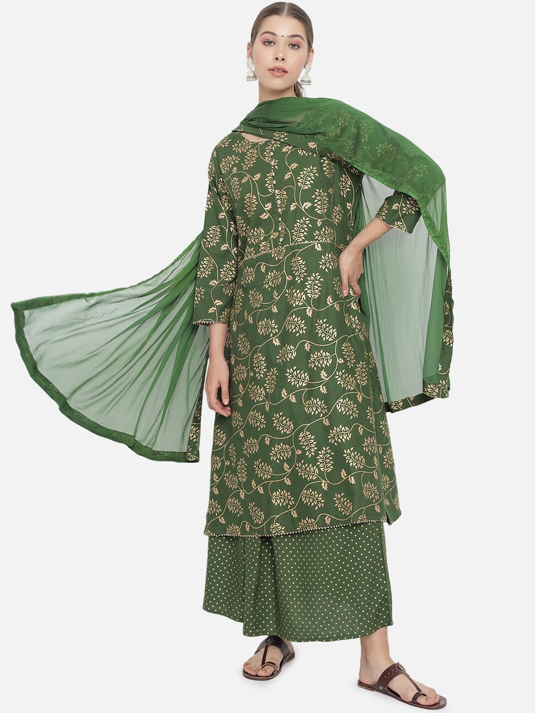 

Prakhya Ethnic Motifs Printed A-Line Kurta with Palazzos & Dupatta, Green