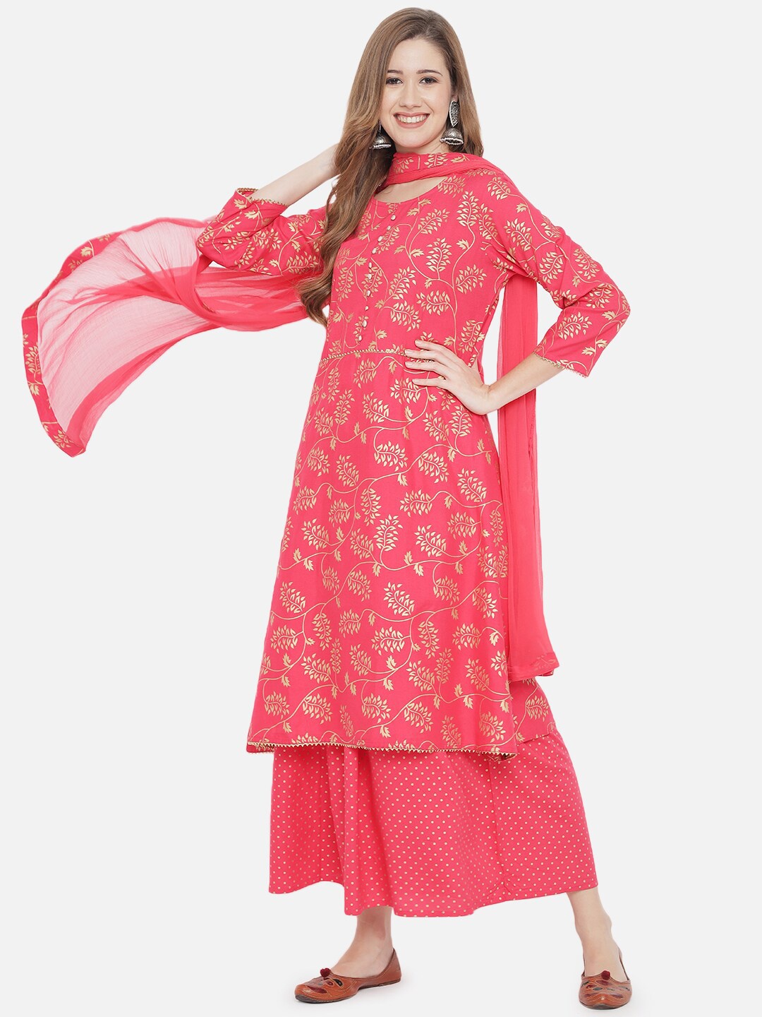 

Prakhya Floral Printed Gotta Patti Kurta with Palazzos & Dupatta, Pink