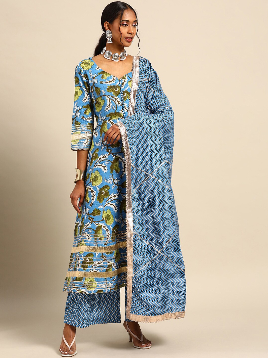 

Prakhya Floral Printed Pure Cotton A-Line Gotta Patti Kurta With Palazzos & Dupatta, Blue
