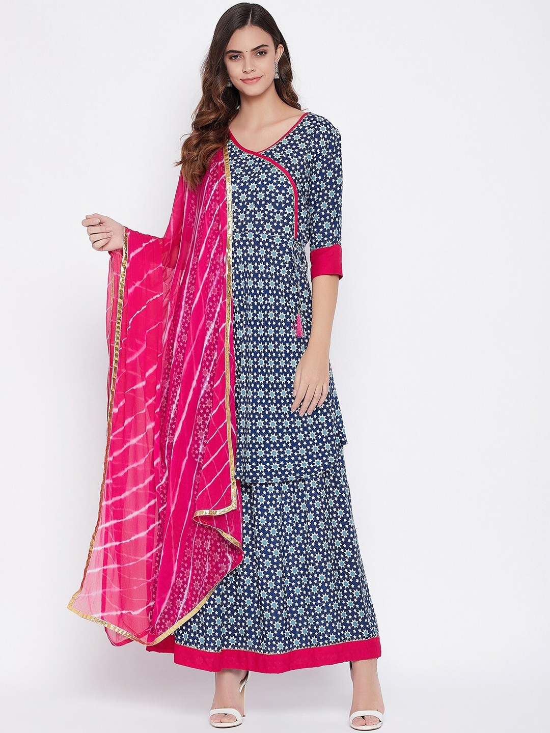 

Prakhya Floral Printed Angrakha Kurta with Palazzos & Dupatta, Navy blue