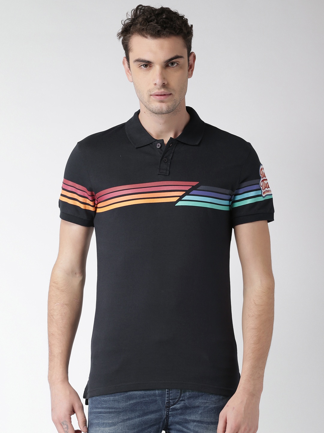 

Celio Men Navy Blue Striped Polo Collar Pure Cotton T-shirt