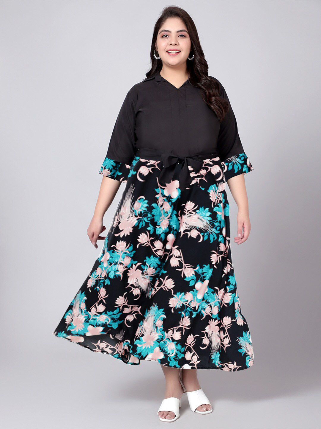 

Indietoga Plus Size Floral Printed Fit & Flare Midi Dress, Teal