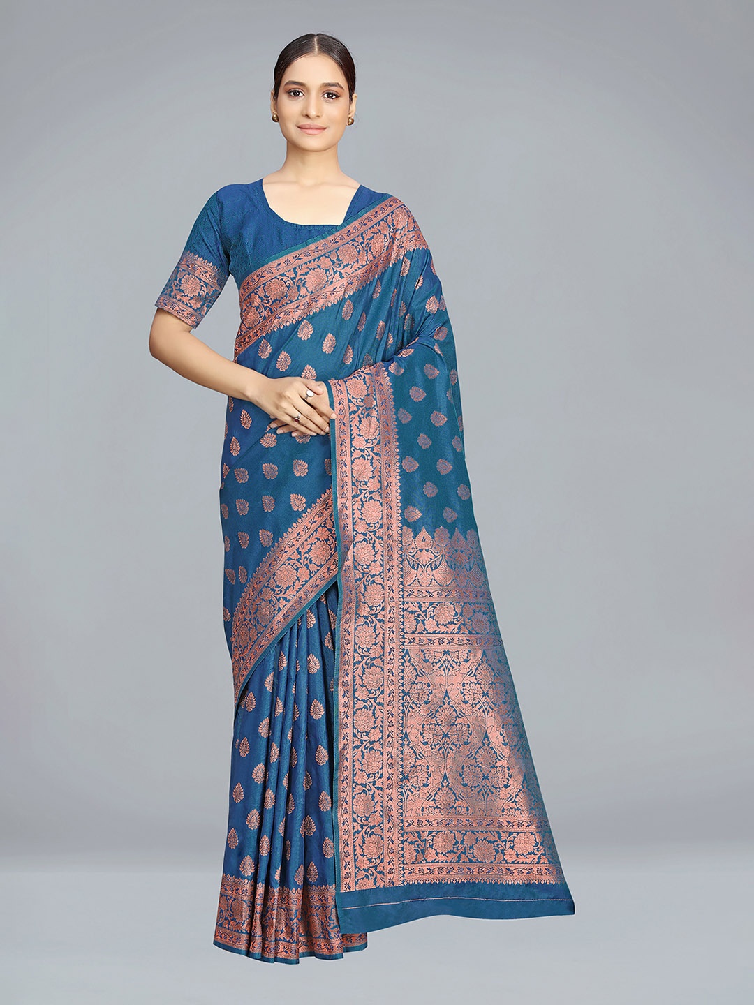

MONJOLIKA FASHION Ethnic Motifs Woven Design Silk Blend Banarasi Saree, Blue