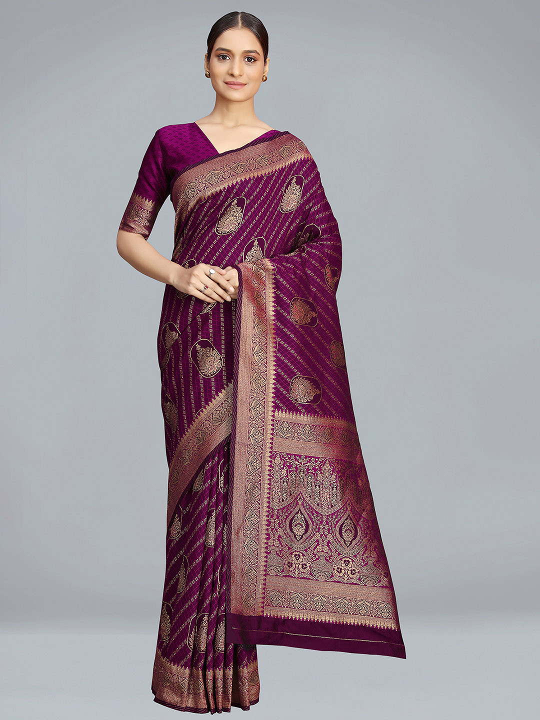 

MONJOLIKA FASHION Floral Woven Design Satin Silk Banarasi Saree, Magenta