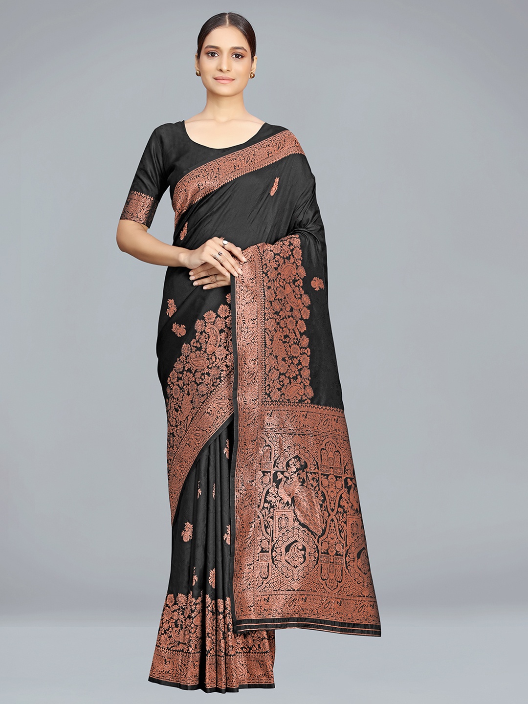 

MONJOLIKA FASHION Floral Woven Design Banarasi Saree, Black