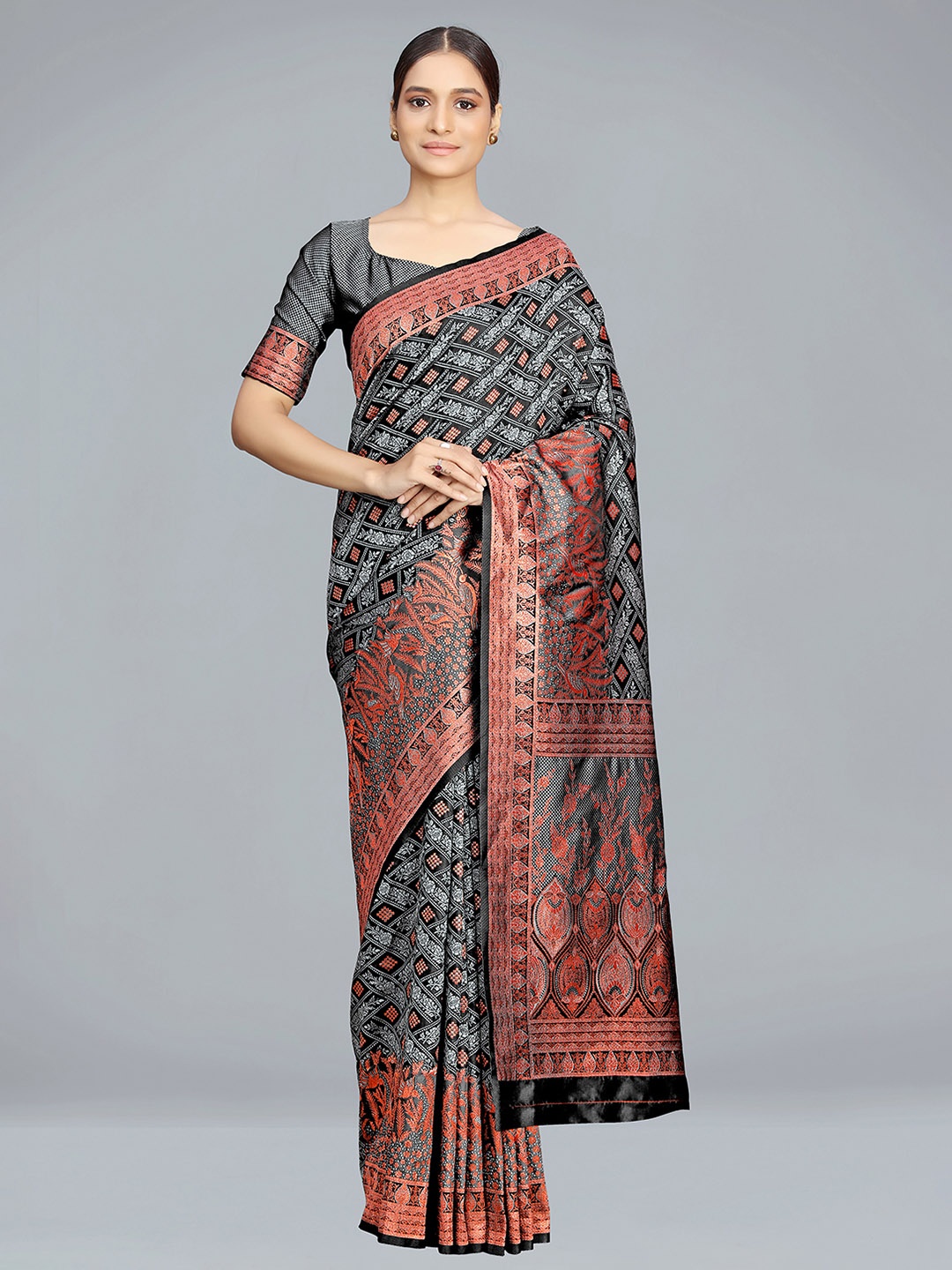 

MONJOLIKA FASHION Floral Woven Design Satin Silk Banarasi Saree, Grey