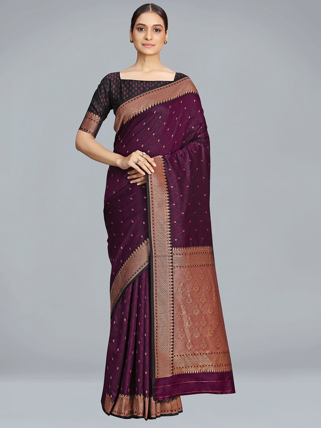 

MONJOLIKA FASHION Floral Woven Design Satin Silk Banarasi Saree, Purple