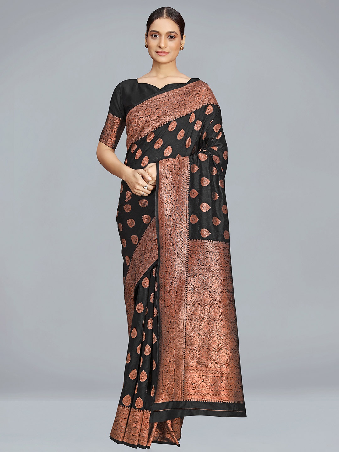 

MONJOLIKA FASHION Ethnic Motifs Woven Design Silk Blend Banarasi Saree, Black